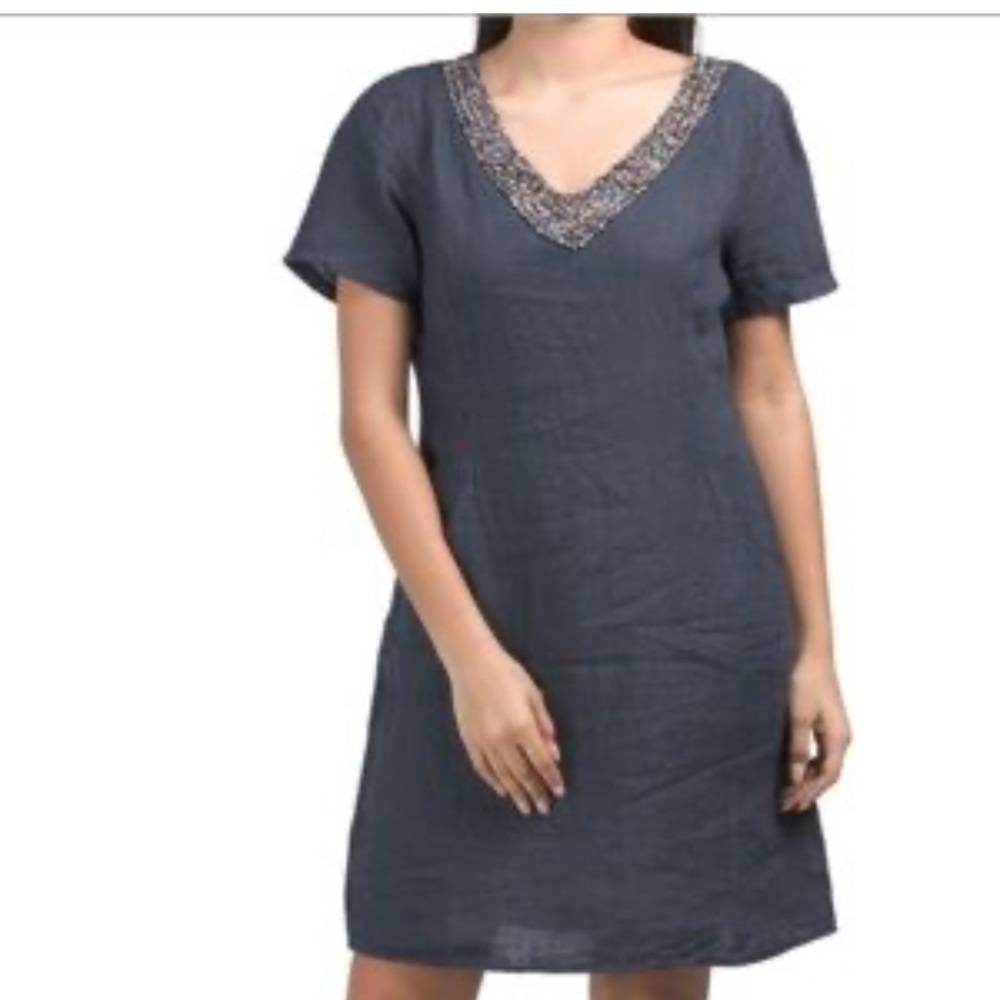 Lina Tomei linen dress beaded v neck made‎ in Italy
